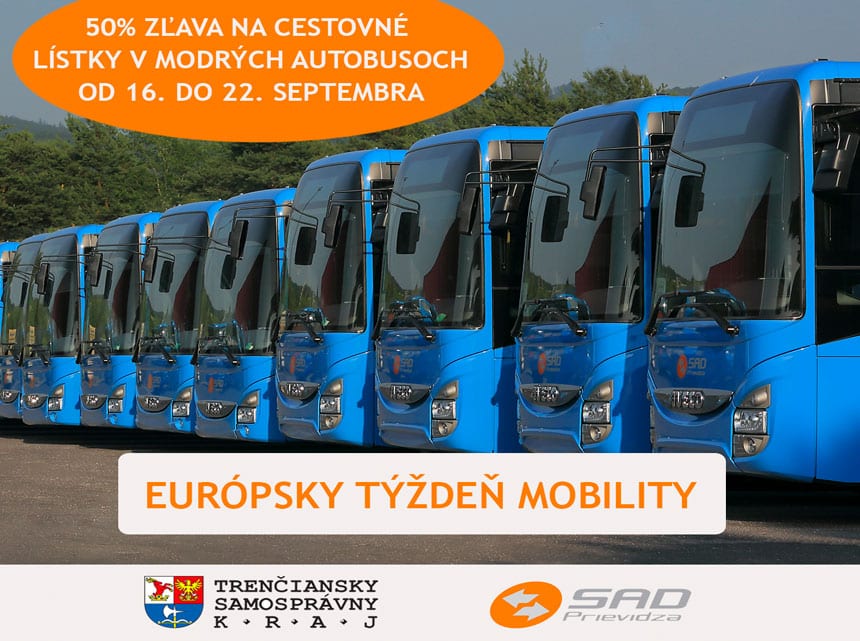 V rámci Európskeho týždňa mobility si pre vás Trenčianska župa pripravila milé malé prekvapenie. Celý týždeň, od nedele 16. septembra do soboty 22. septembra, budú všetci naši cestujúci jazdiť modrými prímestskými autobusmi s 50% zľavou.