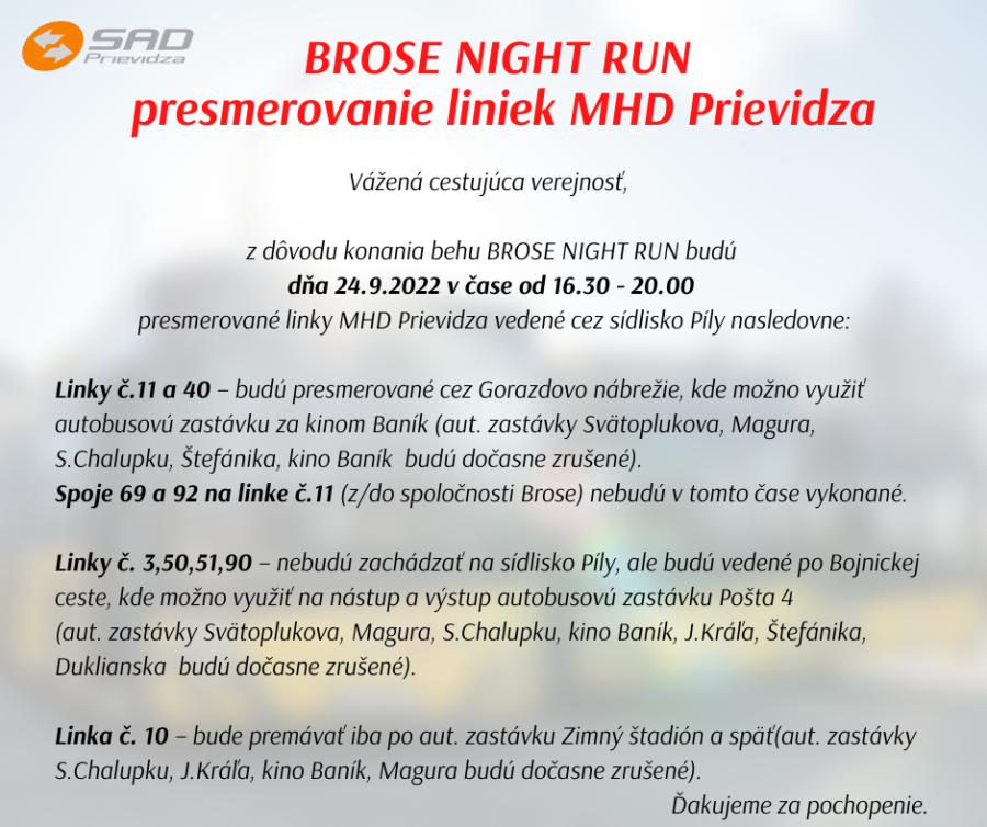 Sadpd 24.9.2022 - MHD Prievidza - presmerovanie liniek - Brose Night Run ...