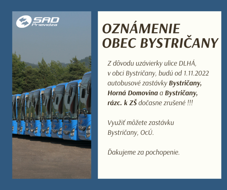 Sadpd Od 1.11. 2022 - obec Bystričany - dočasne zrušené zastávky - SAD Prievidza